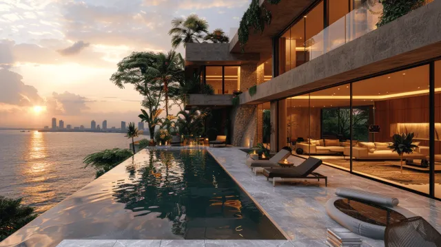 Infinity pool and sun loungers on a modern terrace with large glass windows facing a sunset city and ocean view.