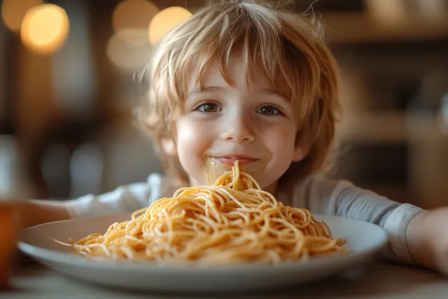 Young boy twirls spaghetti on a plate, smiling in a bright home kitchen