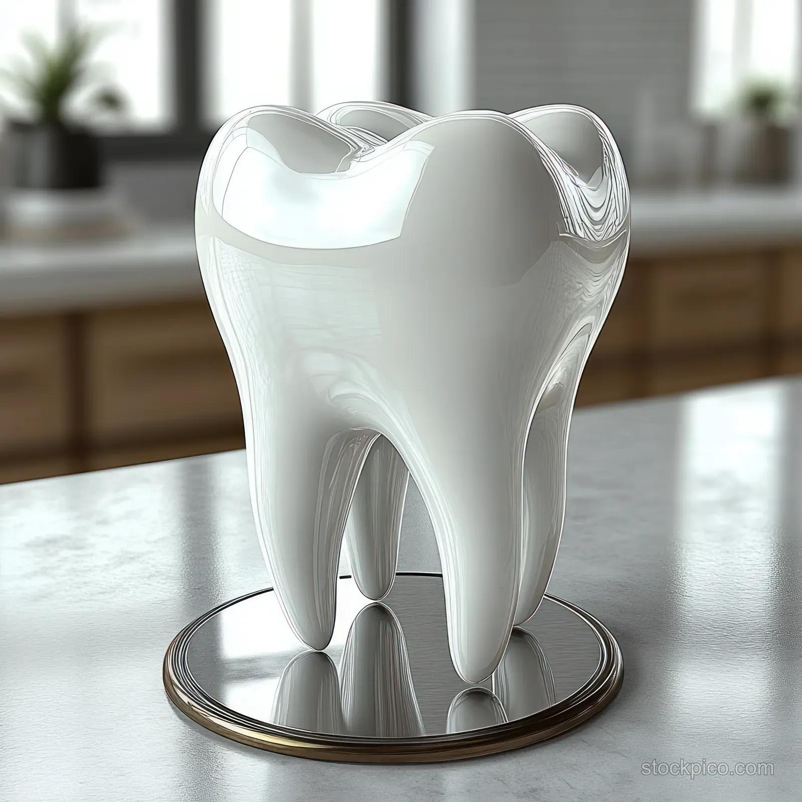 A glossy white molar tooth model stands on a round reflective base on a bright kitchen countertop.
