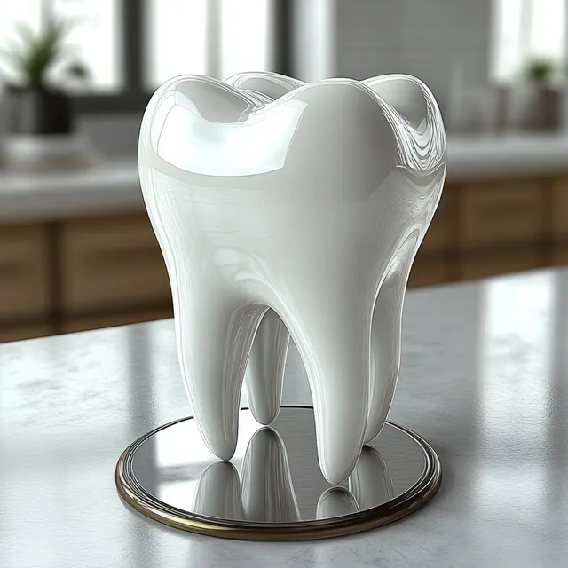 A glossy white molar tooth model stands on a round reflective base on a bright kitchen countertop.