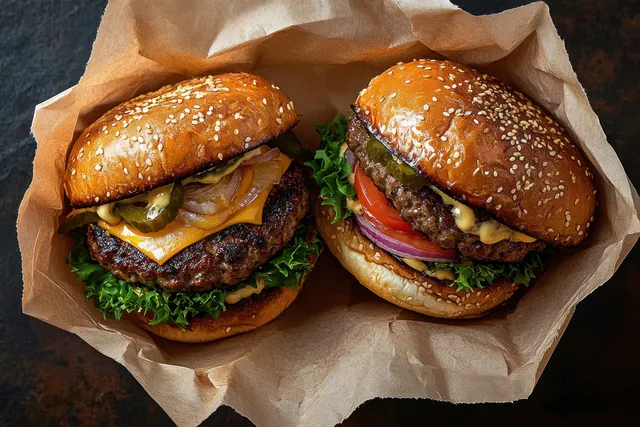 Two sesame seed cheeseburgers in a paper wrap with grilled patties, melted cheese, lettuce, pickles, tomato, and red onion.