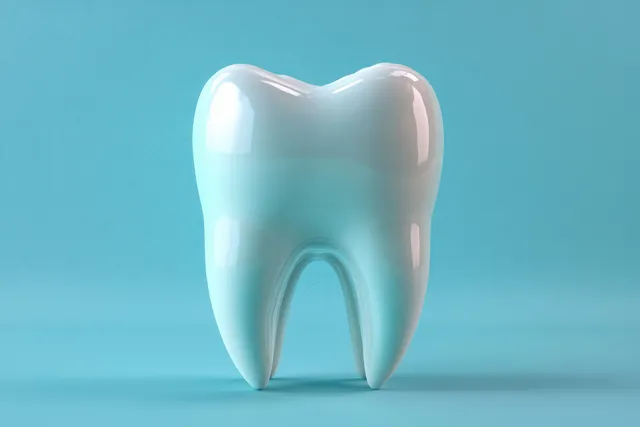 Glossy 3D tooth with a protective fluoride glow on a smooth blue background.