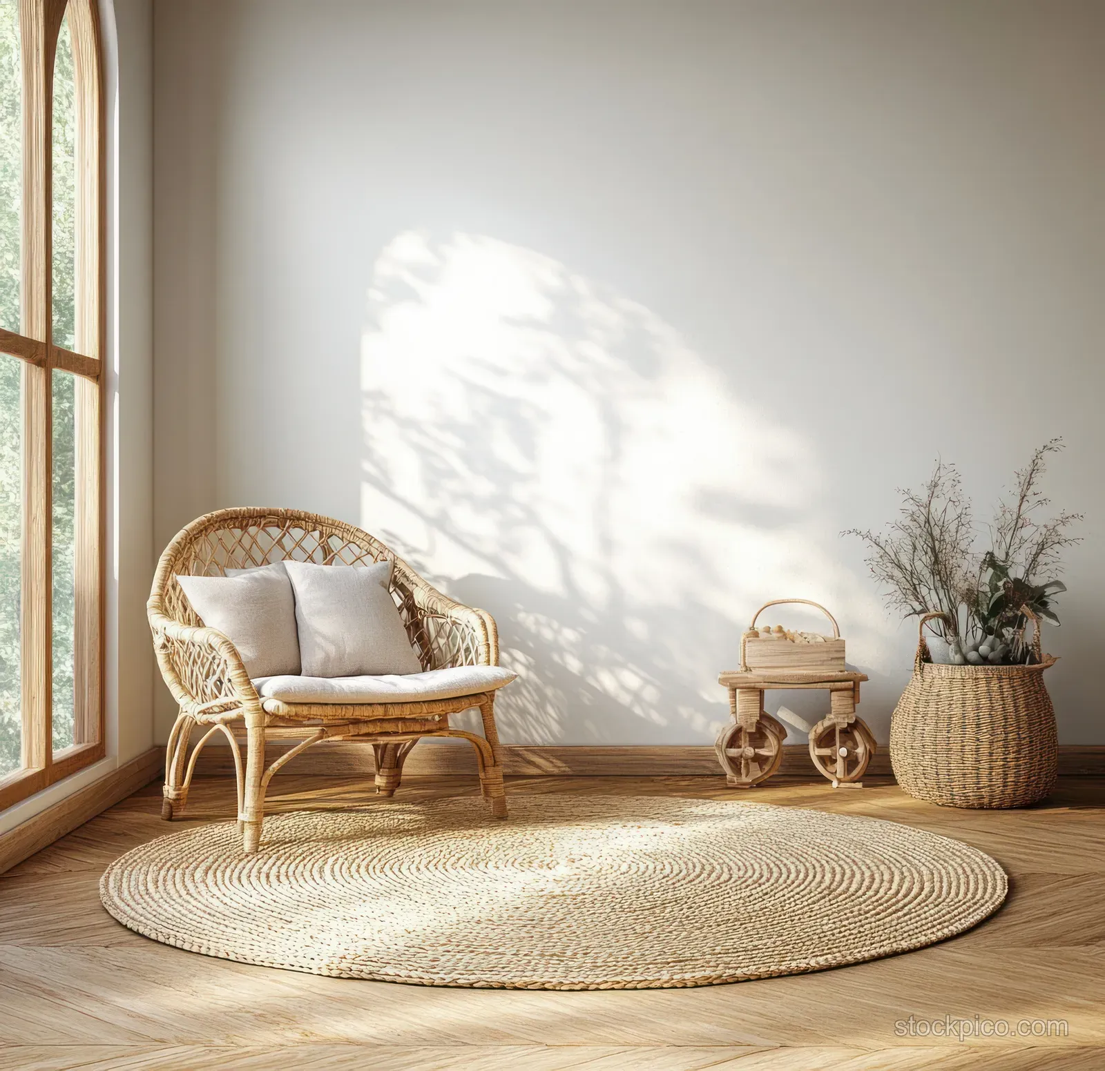 Minimalist kids room corner with rattan chair, round jute rug, pastel walls, and sunlight through a window.