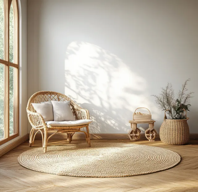 Minimalist kids room corner with rattan chair, round jute rug, pastel walls, and sunlight through a window.