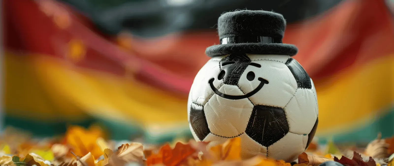 Smiling cartoon soccer ball in a black top hat with a thumbs-up gesture against a Germany flag background.