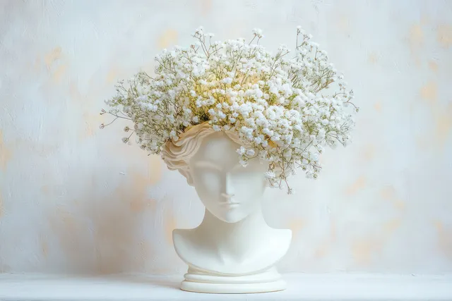 White bust sculpture crowned with baby's breath on textured background