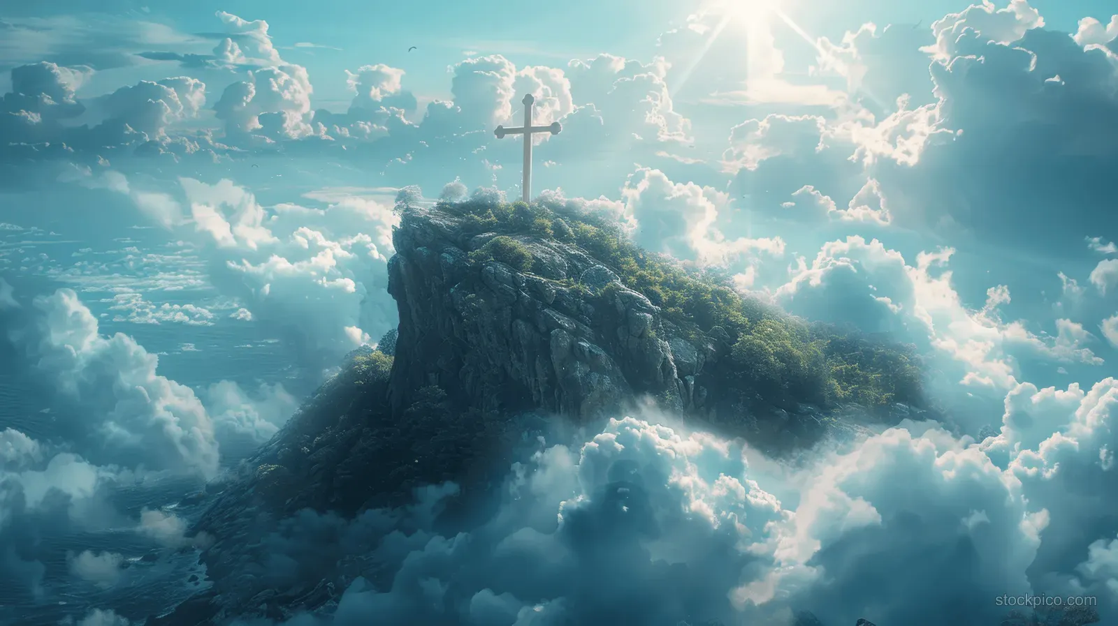 A cross on a rocky island top with sun rays shining through surrounding clouds in a dramatic sky.