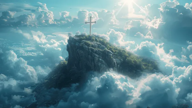 Sacred cross on rocky island peak, sunbeams break clouds over Calvary hill landscape