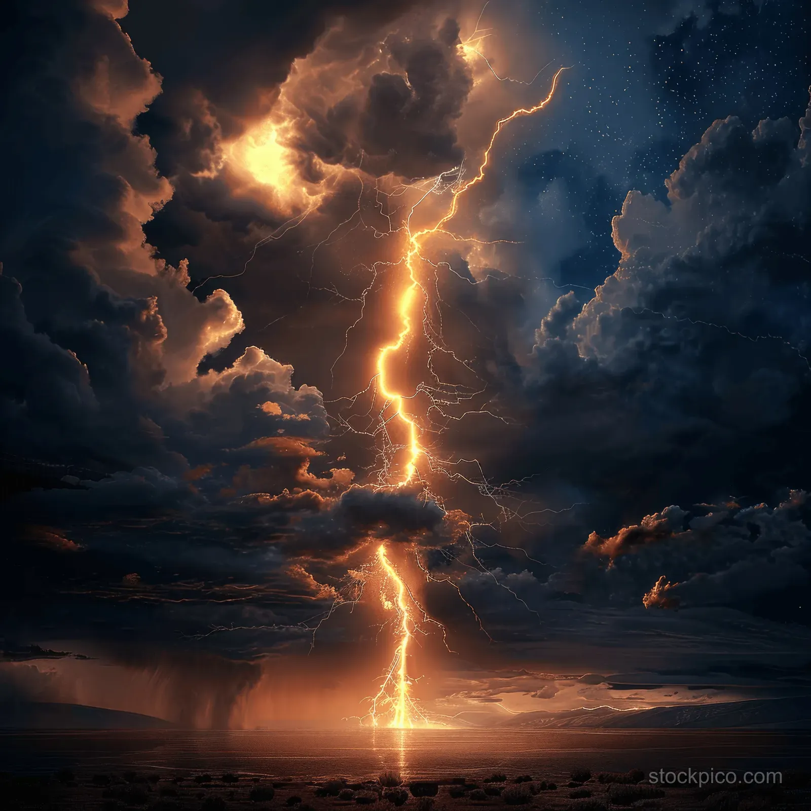 A bright lightning bolt strikes the ground from dark storm clouds, lighting the night sky with branching electric arcs.