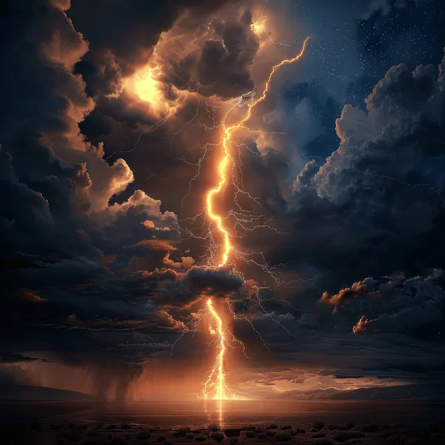 Un rayo brillante cae al suelo desde nubes de tormenta oscuras, iluminando el cielo nocturno con arcos eléctricos ramificados.