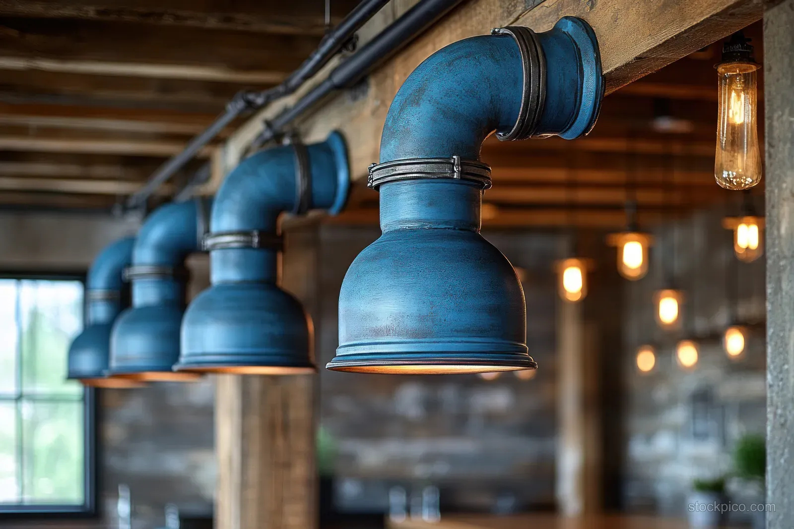 Blue ventilation ducts and elbow fittings installed along a wooden ceiling under warm lights.