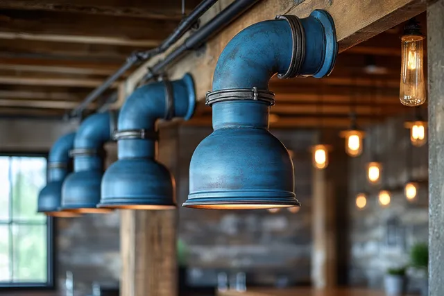 Blue ventilation ducts and elbow fittings installed along a wooden ceiling under warm lights.