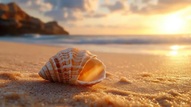 Seashell resting on sandy beach at sunset, glowing golden light and soft shadows