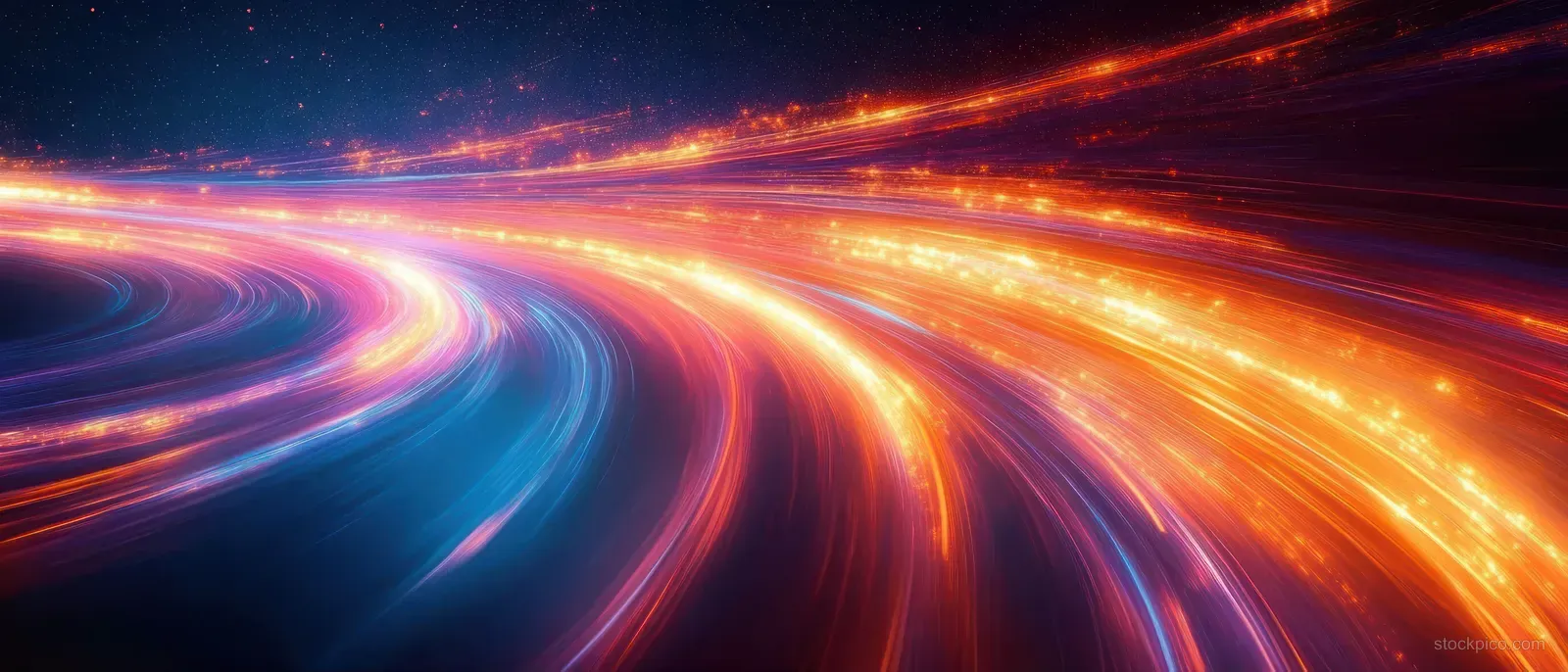 Orange and blue neon light trails curve through a dark starry space background.