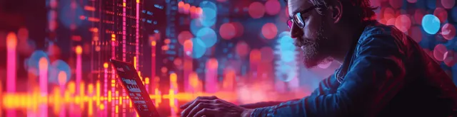 Analyst in front of glowing financial charts and digital network graph