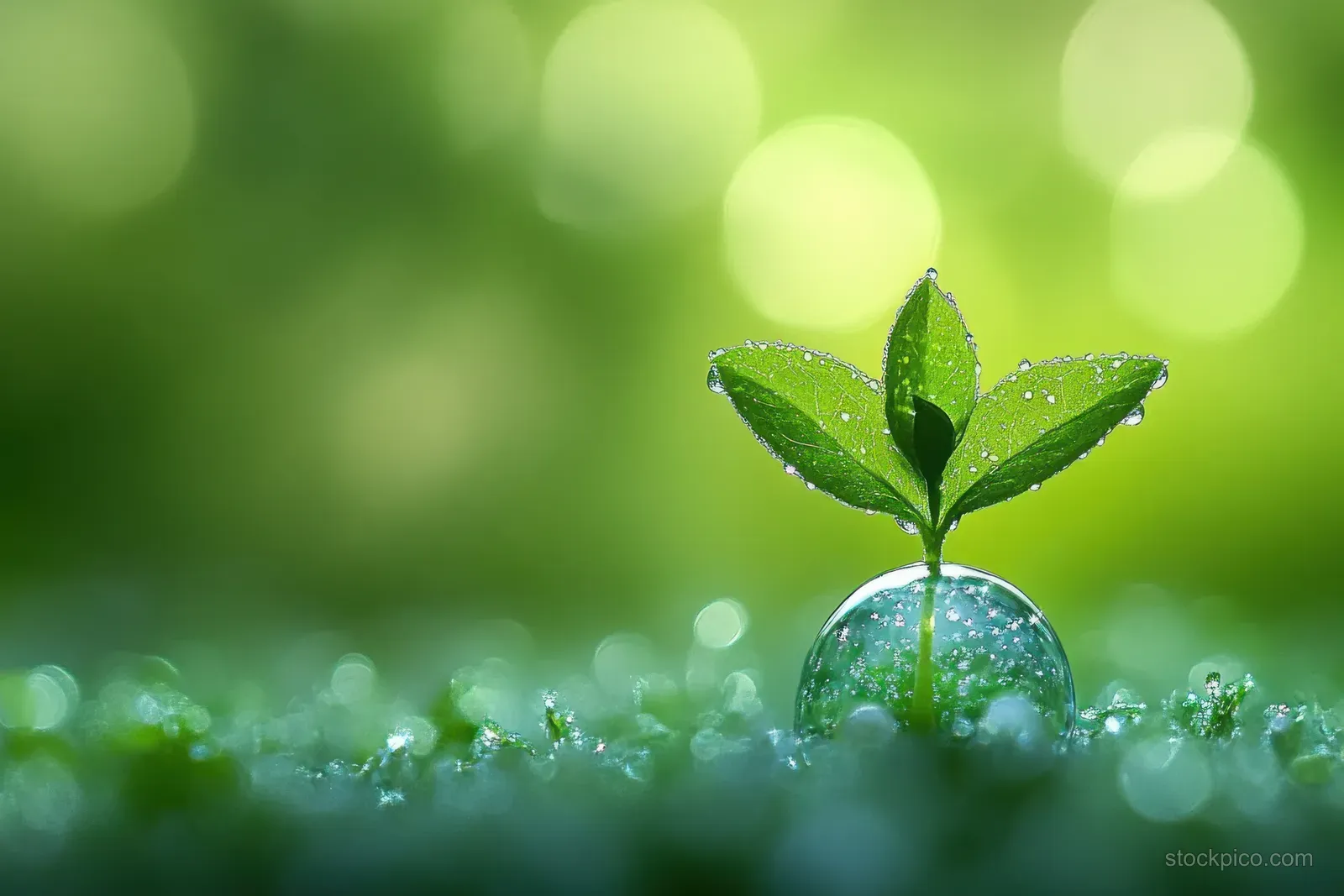 A small green sprout covered in dew grows from mossy ground with a blurred sunlight background.