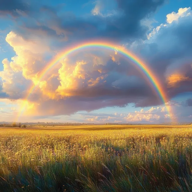 A rainbow arches over a golden grassy field under dramatic clouds glowing in sunset light.