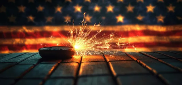A lit sparkler glows on a table with a softly blurred American flag in the background.