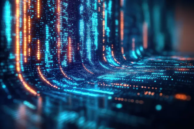 Cyberpunk digital landscape with flowing code streams and neon data corridors with Blue Cyan Tones