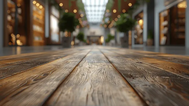 Close-up wooden tabletop leading lines with soft bokeh lights and blurred café interior backdrop