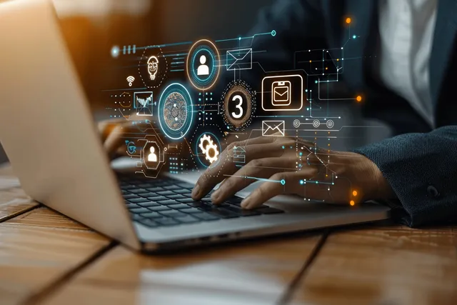A businessman’s hands use a laptop while AI analytics graphics and network connections float over the screen.
