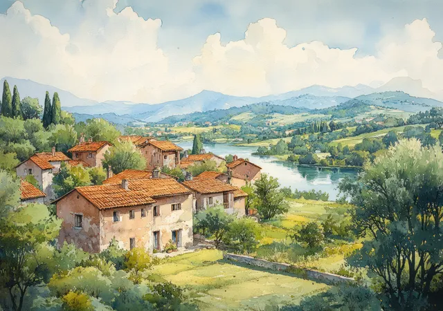 Countryside town with river, hills, and spring blossoms