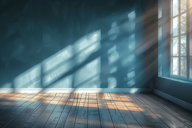Sunlight streams through a window into an empty room with a turquoise wall and wooden floor, forming soft shadow bands.