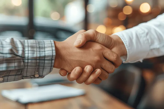 A car salesman and customer shake hands in a dealership office with a contract on the table.