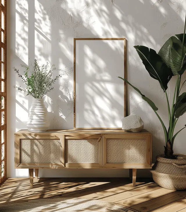 Wooden sideboard in a bright coastal bedroom with a blank framed poster and leaf shadows from the window.