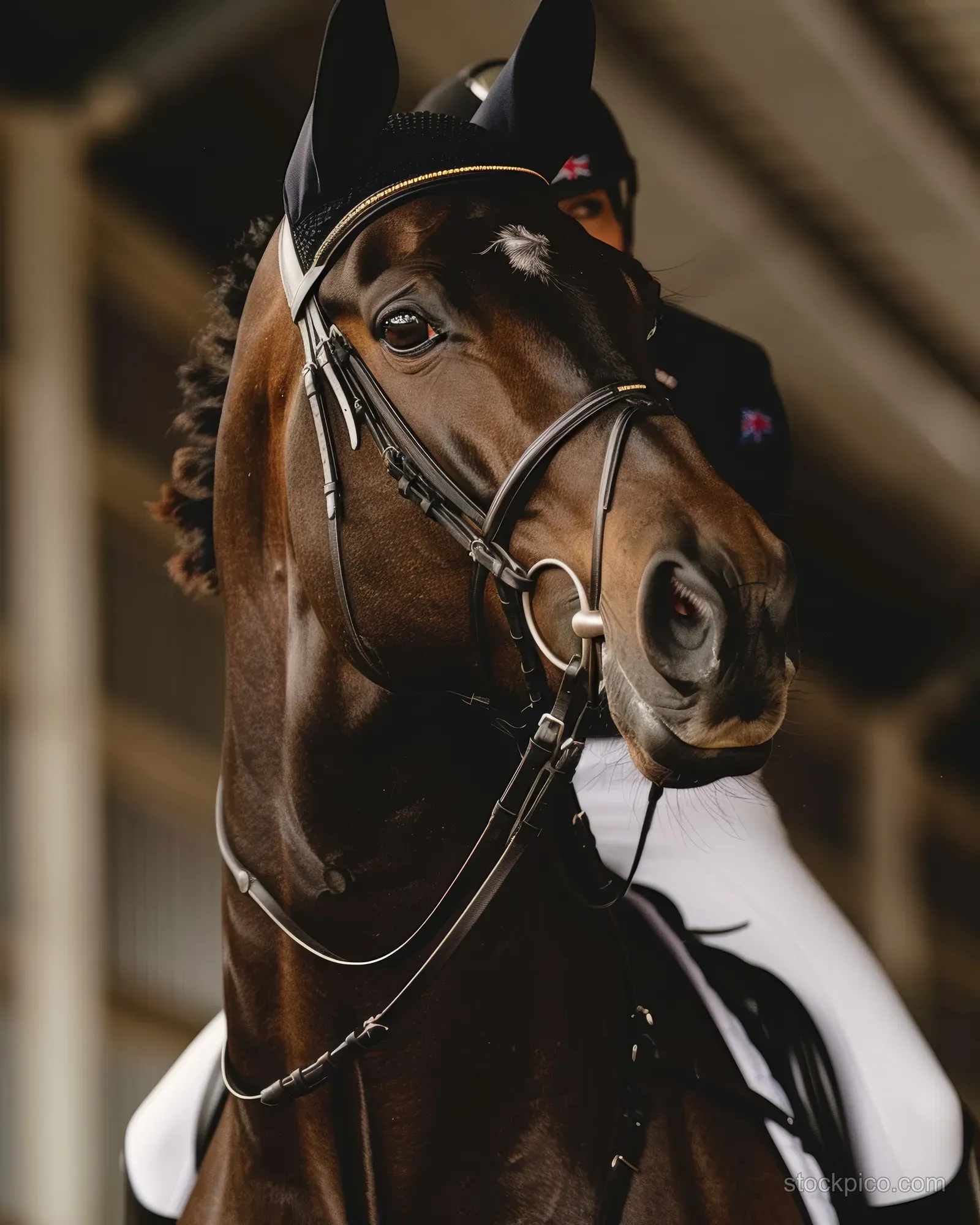 A chestnut horse with a halter and bridle stands beside an eventing rider in a stable doorway.