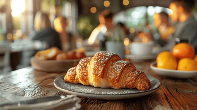 Family Breakfast Table with Croissants, Citrus Fruit, and Warm Morning Light