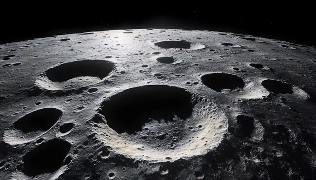 A cratered moon surface with dark impact shadows beneath a deep night sky.