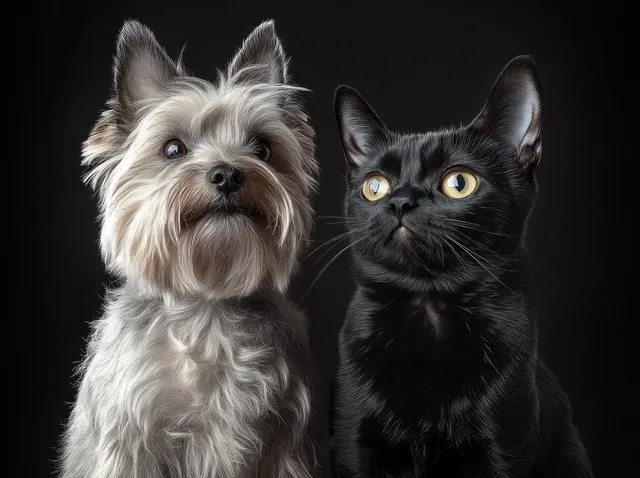 A fluffy grey dog and a sleek black cat sit side by side with attentive expressions against a dark background.