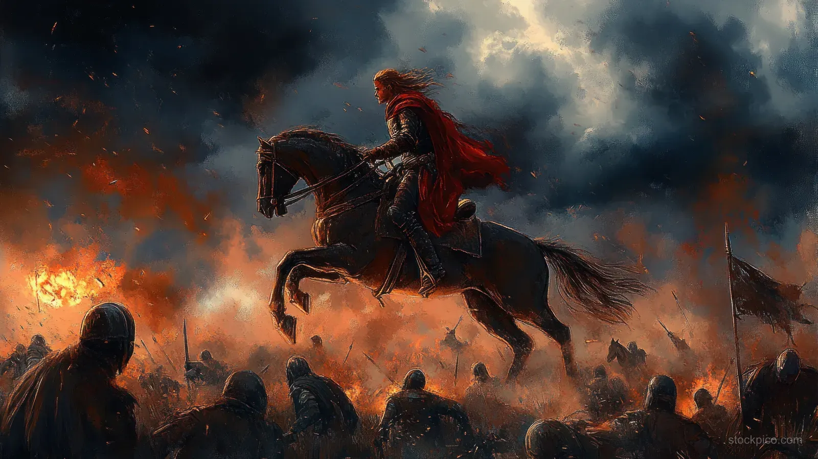 A medieval knight rides a horse through a burning battlefield with soldiers and storm clouds behind.