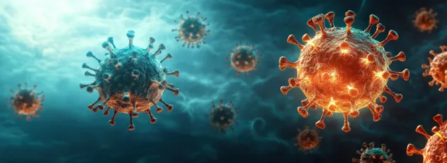 3D coronavirus particles with glowing spike proteins floating on dark teal background with Infectious Diseases