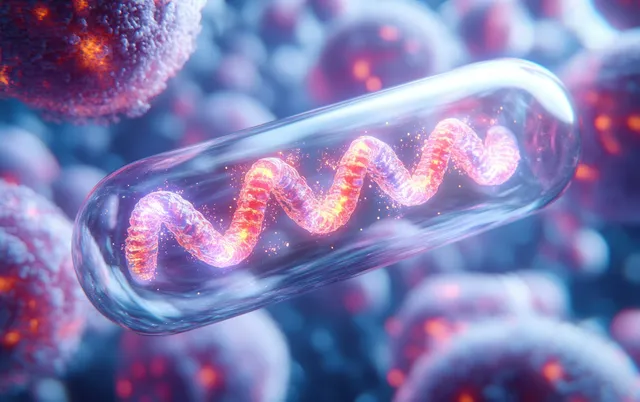 3D DNA helix glowing inside a transparent capsule among colorful cellular forms