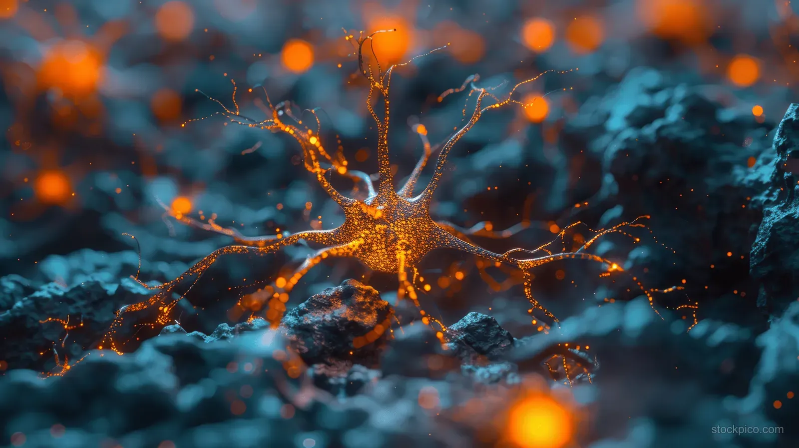 A neuron with branching dendrites and glowing orange synapses connects through a dark blue neural network.
