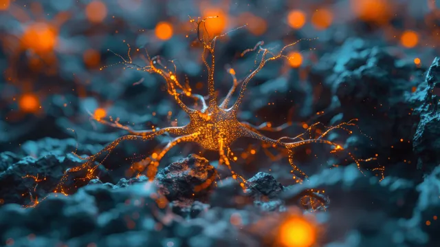 A neuron with branching dendrites and glowing orange synapses connects through a dark blue neural network.