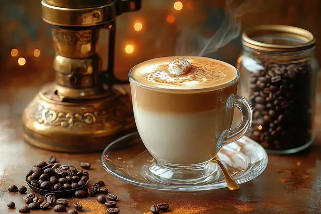 Steaming cappuccino with frothy foam and cocoa dust sits in a glass cup beside a vintage coffee grinder and jar of beans.