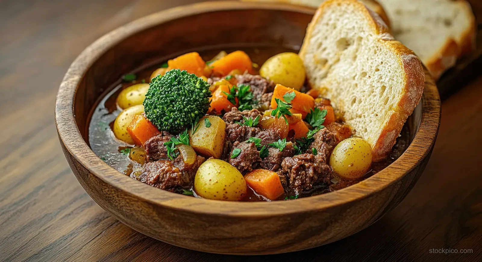 Beef stew with carrots and baby potatoes in a wooden bowl, garnished with herbs and served with rustic bread.
