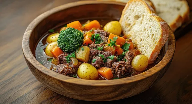 Beef stew with carrots and baby potatoes in a wooden bowl, garnished with herbs and served with rustic bread.