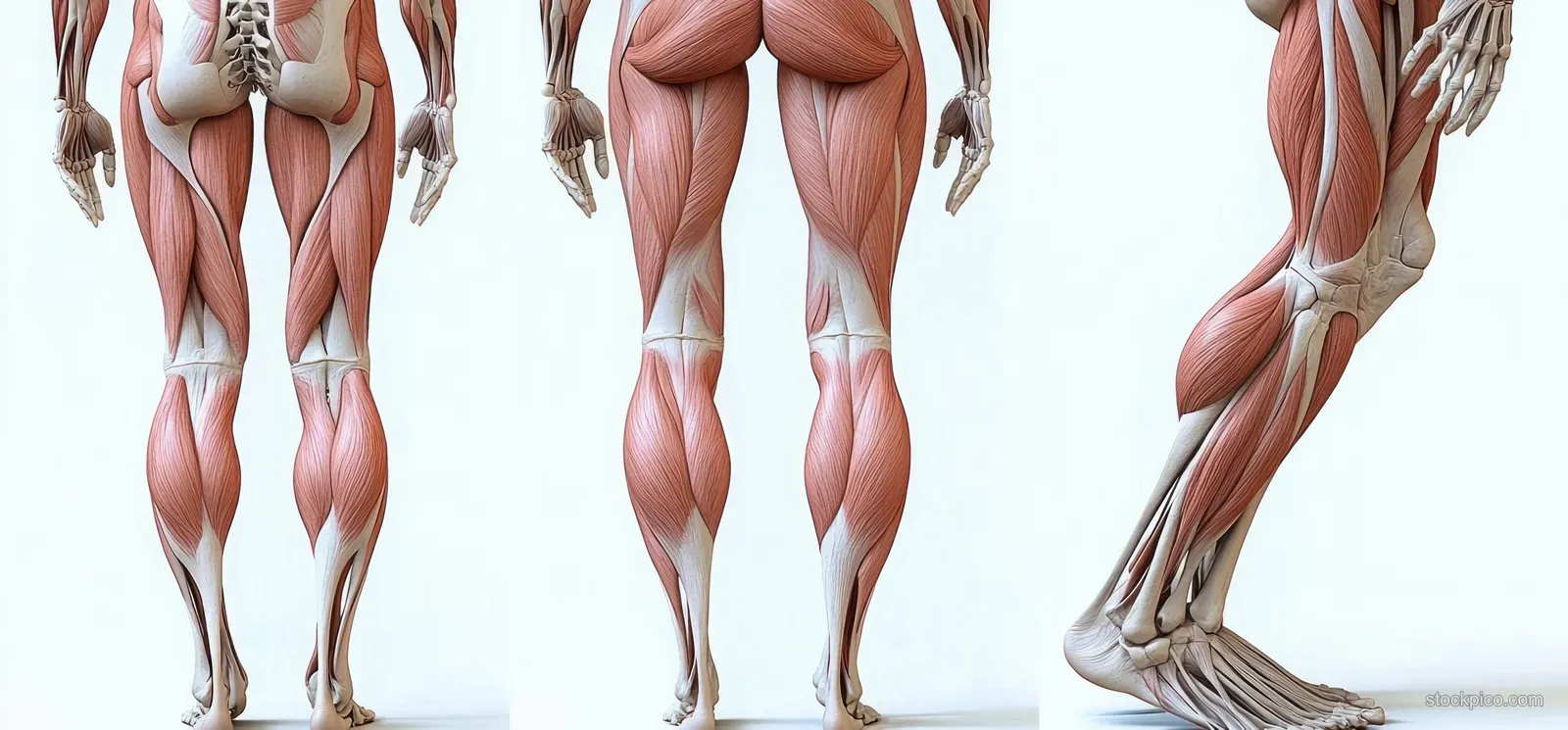 Front and back views of a male leg anatomy illustration with highlighted muscles, bones, tendons, and ligaments on a light background.