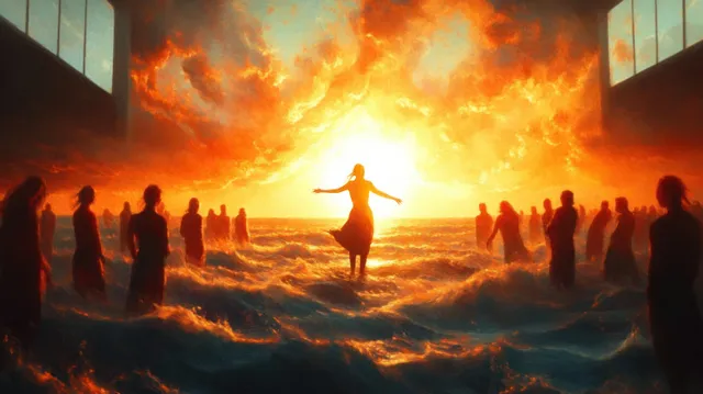 Silhouetted people stand in stormy water inside a windowed hall as one glows