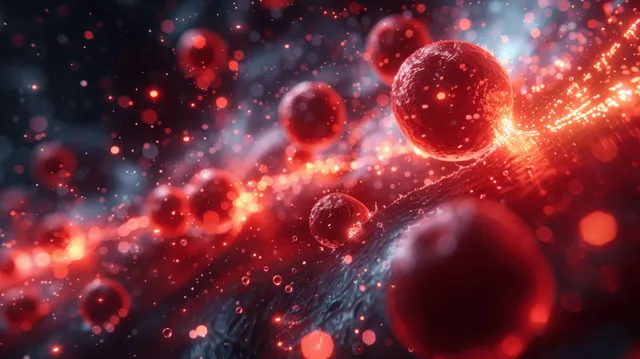 Red blood cells drift through vein-like vessels in a dark biomedical visualization with glowing particles.