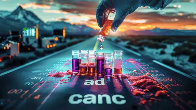A gloved hand pours colorful medical test samples into small vials on a laboratory table.
