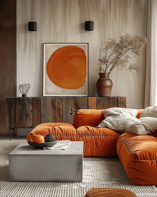 Orange sofa and pillows sit beside a concrete coffee table in a minimalist living room with framed wall art.