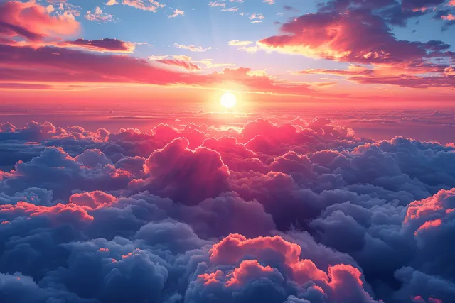 Sunrise glows above dense clouds with vibrant pink and purple sky tones.