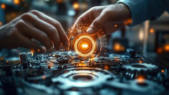 Hands assembling glowing circuit gear in futuristic cyberpunk business workshop