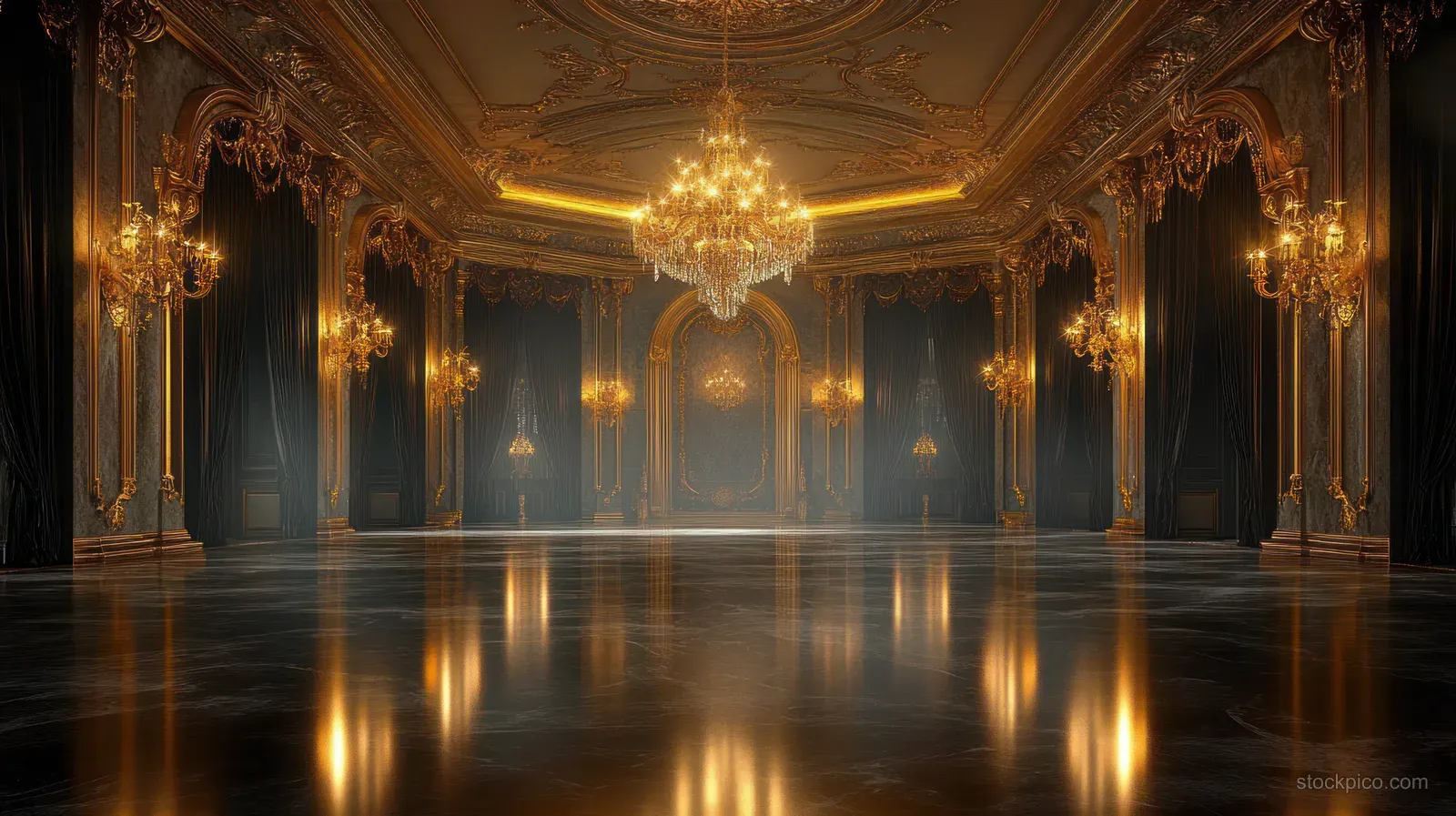 Empty ballroom interior with glossy marble floor, gold decorations, and a crystal chandelier under warm dim lights.