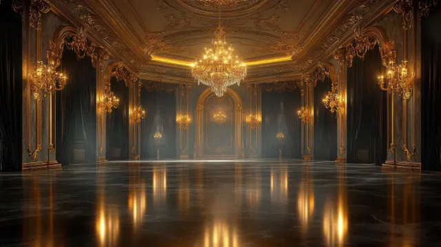 Empty ballroom interior with glossy marble floor, gold decorations, and a crystal chandelier under warm dim lights.